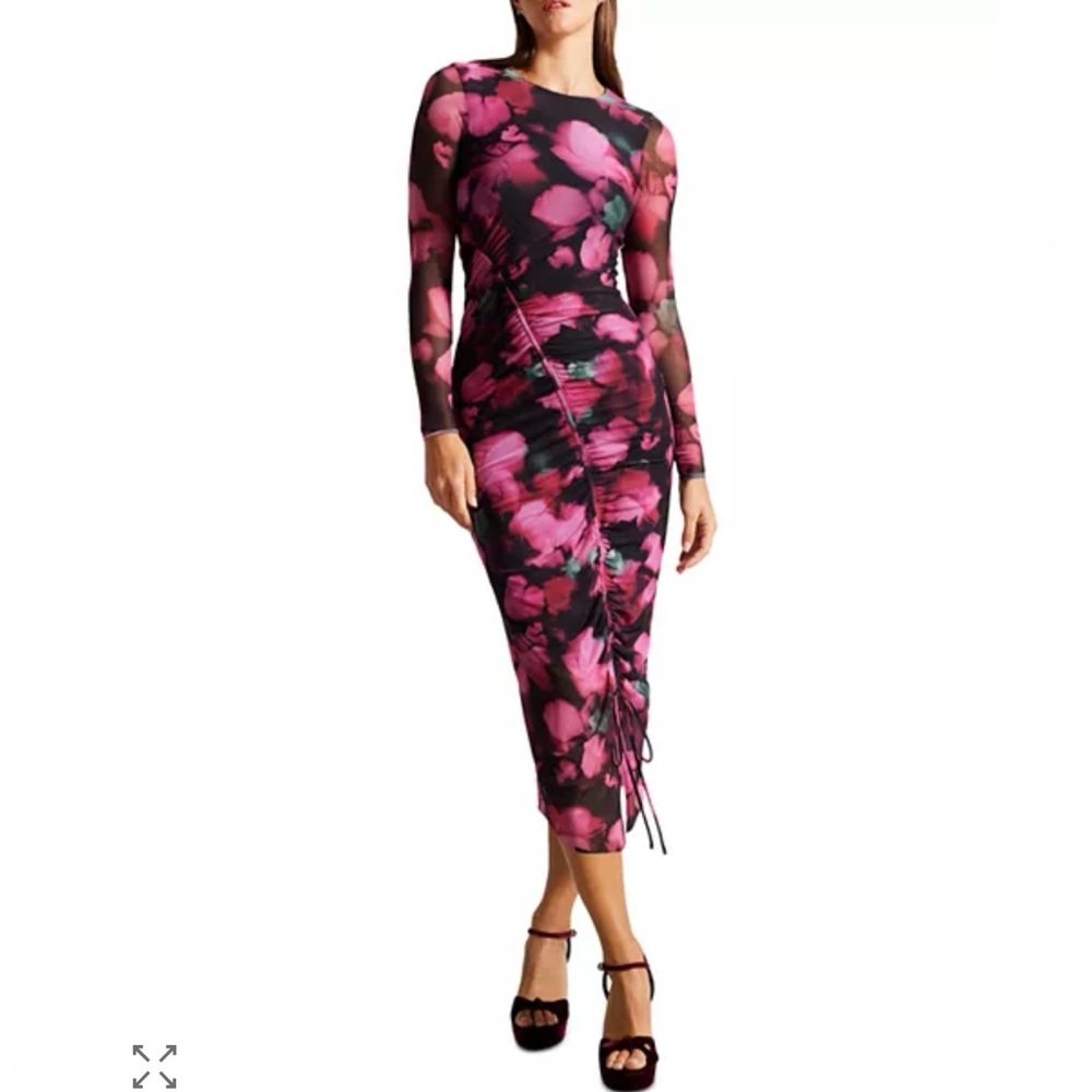 Ted Baker Lilzaan Bodycon Dress with Bow Drawstring in Pink and Black Floral